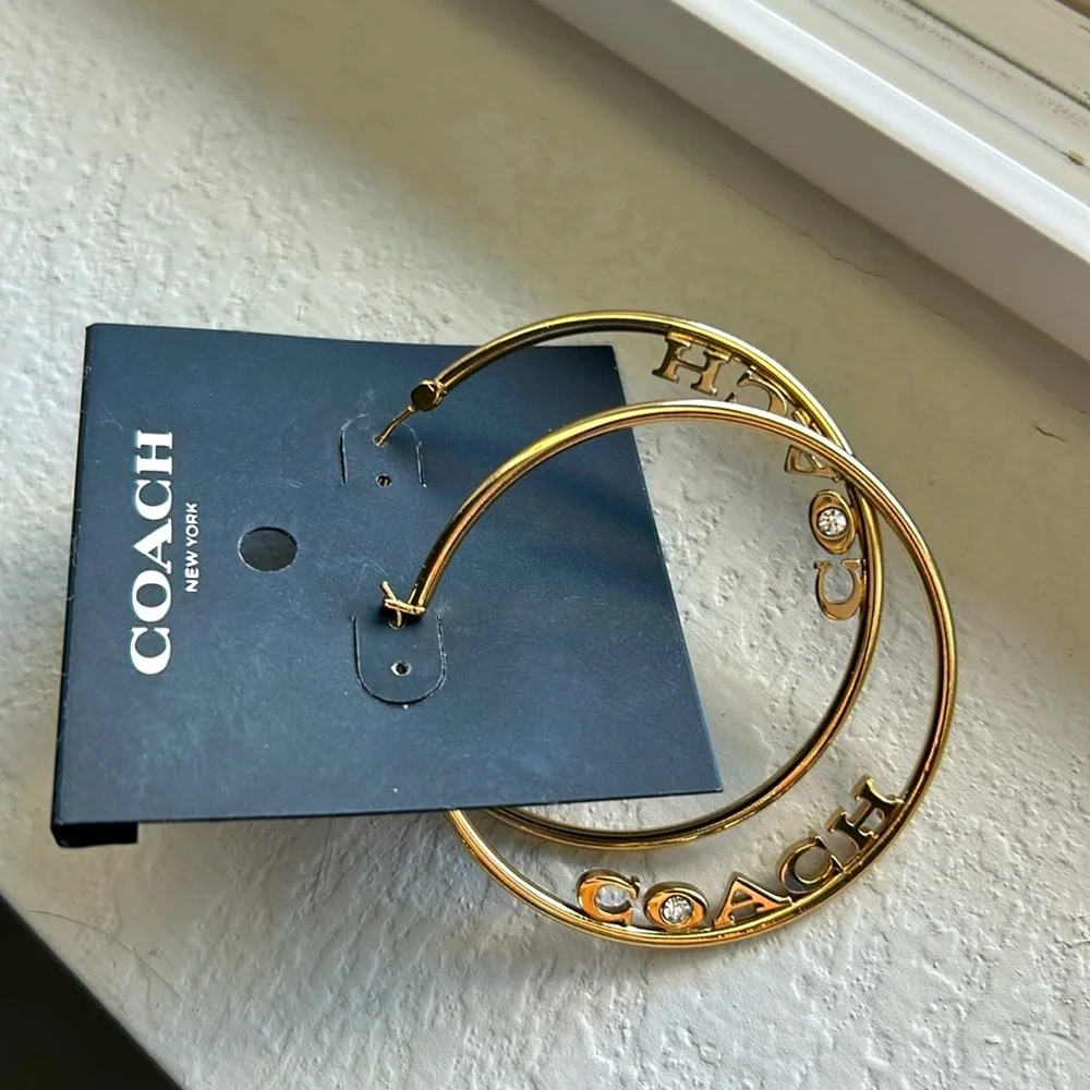 New Coach Signature Medium Large Hoop Earrings Gold with Rhinestone - Picture 10 of 10